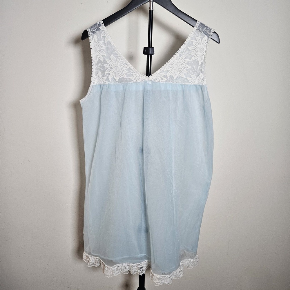Vintage 1960s Blue Chiffon Babydoll Nightgown Lace Trim Boudoir Sleepwear